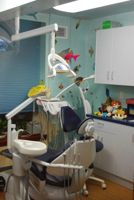 Pediatric dental treatment room decorated with an ocean theme on the walls, featuring a blue dental chair, overhead light, and plush toys.